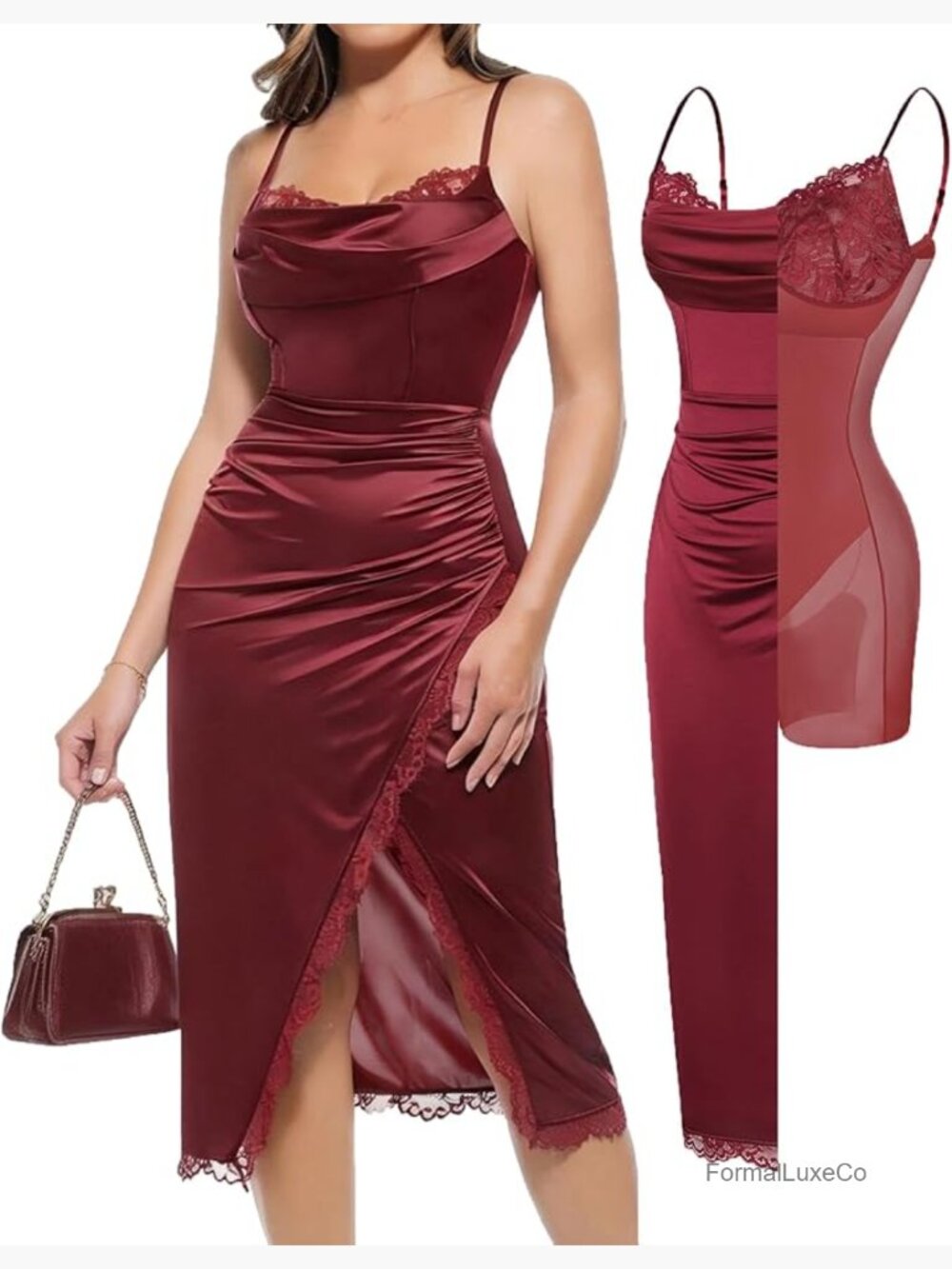 Built-in Bra Shapewear Corset Dress Midi Bodycon Satin Ruched Cocktail Party